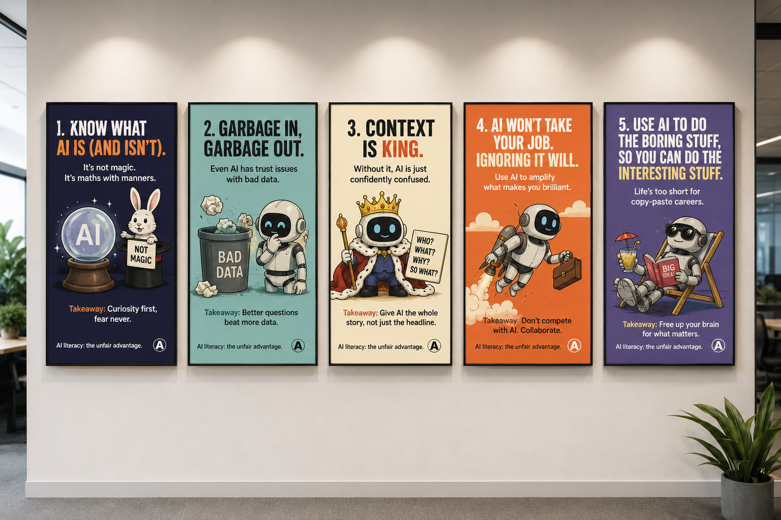AI Literacy 5-poster bundle showing colourful illustrated posters about AI fundamentals — Know What AI Is, Garbage In Garbage Out, Context Is King, AI Won't Take Your Job, and Use AI For The Boring Stuff
